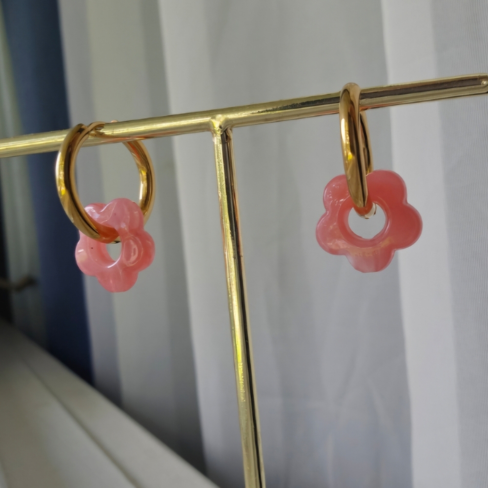 Gold and Pink Flower Hoop Earrings